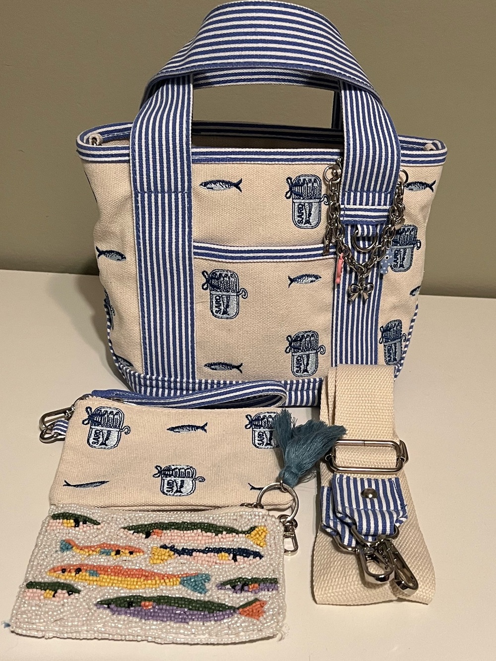 Madden Girl Cream & Blue Striped Canvas Crossbody Tote with Beaded Fish Pouch